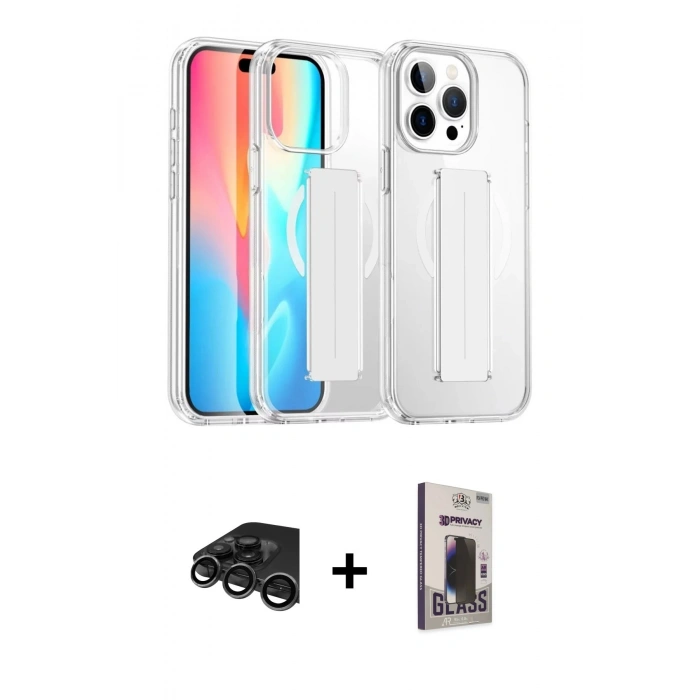 MARSİLYAN™- iPhone 15 Pro Max Kılıf Nova Işık Koleksiyonu - Siyah Bilvis Hayalet Cam Ekran Koruyucu + Raze Metal Kamera Lens - TMGI