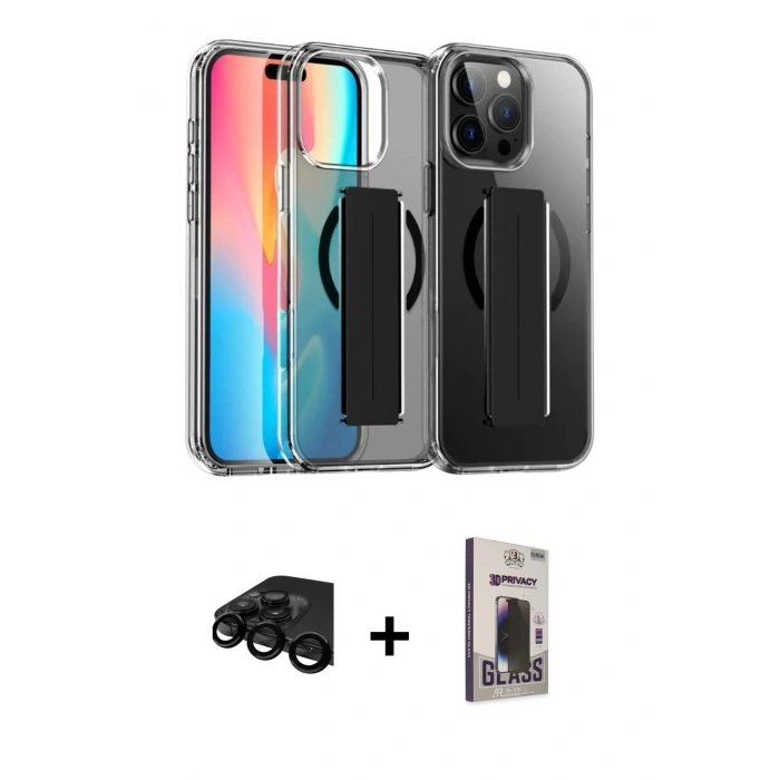 MARSİLYAN™- iPhone 15 Pro Max Kılıf Nova Işık Koleksiyonu - Siyah Bilvis Hayalet Cam Ekran Koruyucu + Raze Metal Kamera Lens - SH