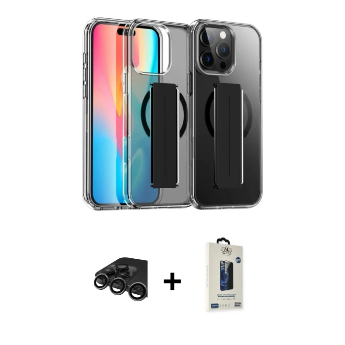 MARSİLYAN™- iPhone 15 Pro Max Kılıf Nova Işık Koleksiyonu - Siyah Bilvis Hayalet Cam Ekran Koruyucu + Raze Metal Kamera Lens - TMGI