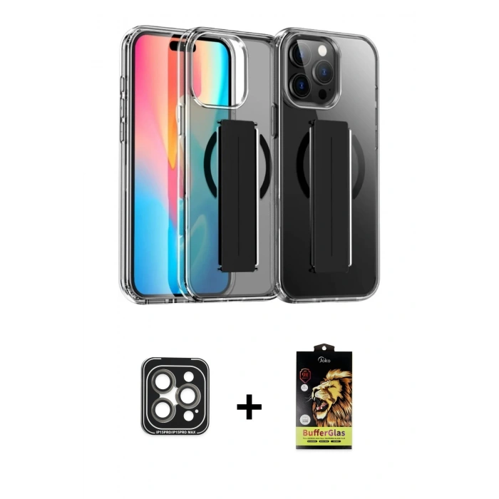 MARSİLYAN™- iPhone 15 Pro Max Kılıf Nova Işık Koleksiyonu - Siyah Buffer Cam Ekran Koruyucu + Gri PVD Metal Kamera Lens