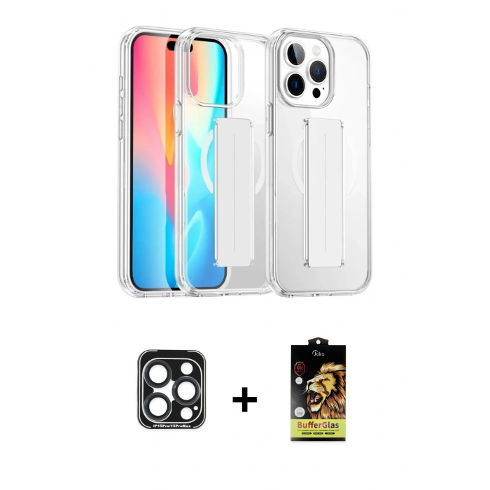 MARSİLYAN™- iPhone 15 Pro Max Kılıf Nova Işık Koleksiyonu - Siyah Buffer Cam Ekran Koruyucu + PVD Metal Kamera Lens - LT