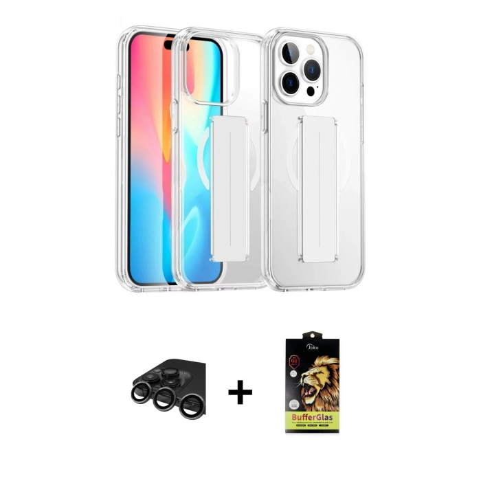 MARSİLYAN™- iPhone 15 Pro Max Kılıf Nova Işık Koleksiyonu - Siyah Buffer Cam Ekran Koruyucu + Raze Metal Kamera Lens - TMGI