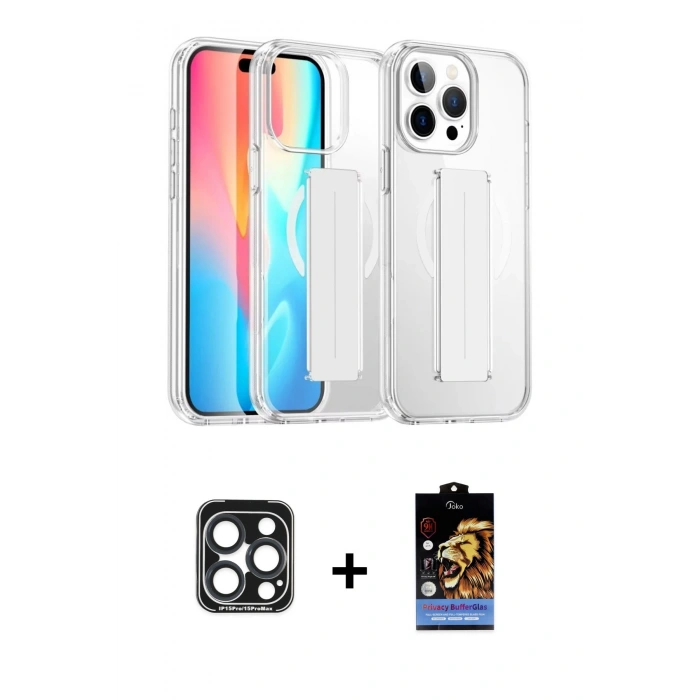 MARSİLYAN™- iPhone 15 Pro Max Kılıf Nova Işık Koleksiyonu - Siyah Buffer Hayalet Cam Ekran Koruyucu + PVD Metal Kamera Lens - LT