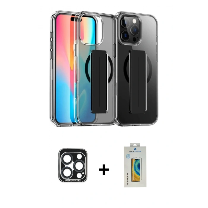 MARSİLYAN™- iPhone 15 Pro Max Kılıf Nova Işık Koleksiyonu - Siyah Polymer Nano Ekran Koruyucu + PVD Metal Kamera Lens - LT
