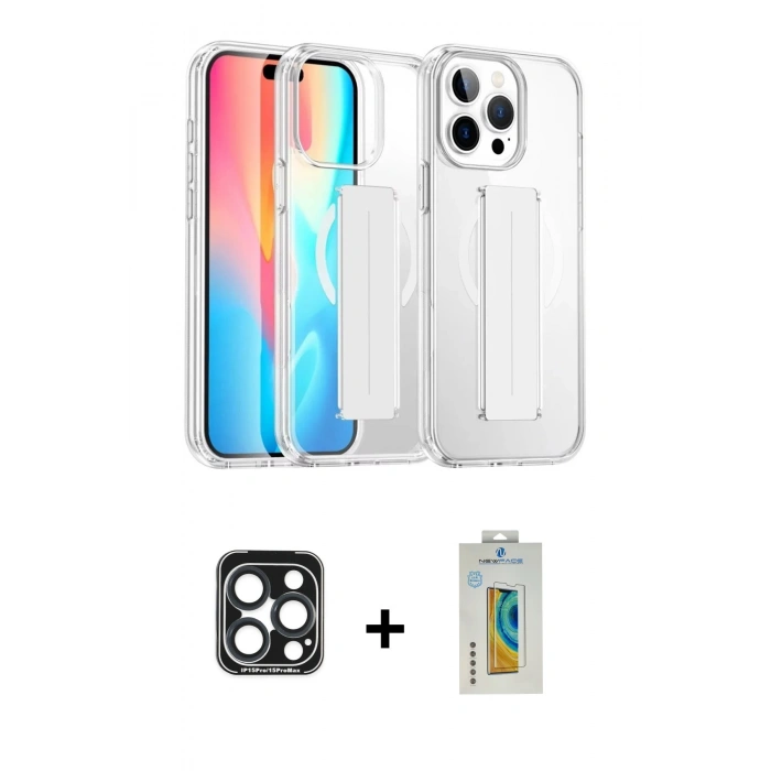 MARSİLYAN™- iPhone 15 Pro Max Kılıf Nova Işık Koleksiyonu - Siyah Polymer Nano Ekran Koruyucu + PVD Metal Kamera Lens - LT