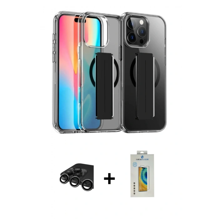 MARSİLYAN™- iPhone 15 Pro Max Kılıf Nova Işık Koleksiyonu - Siyah Polymer Nano Ekran Koruyucu + Raze Metal Kamera Lens - TMGI