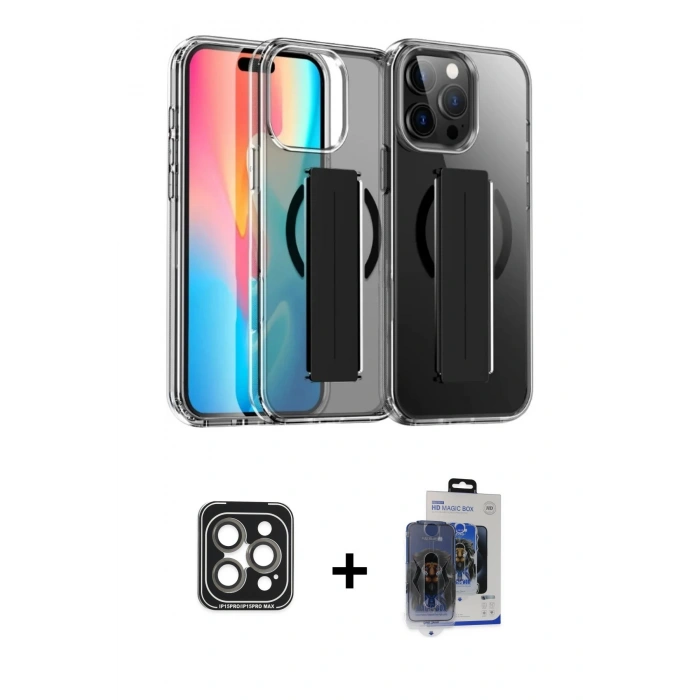 MARSİLYAN™- iPhone 15 Pro Max Kılıf Nova Işık Koleksiyonu - Siyah Vanessa Magic Cam + Gri PVD Metal Kamera Lens