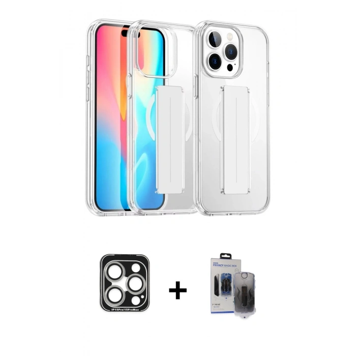 MARSİLYAN™- iPhone 15 Pro Max Kılıf Nova Işık Koleksiyonu - Siyah Vanessa Magic Hayalet Cam + Gümüş PVD Metal Kamera Lens