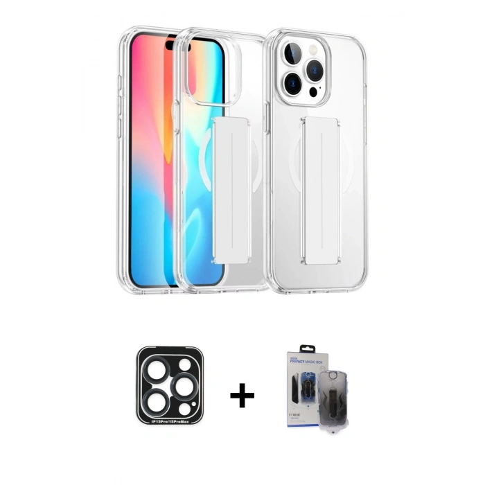 MARSİLYAN™- iPhone 15 Pro Max Kılıf Nova Işık Koleksiyonu - Siyah Vanessa Magic Hayalet Cam + Lacivert PVD Metal Kamera Lens