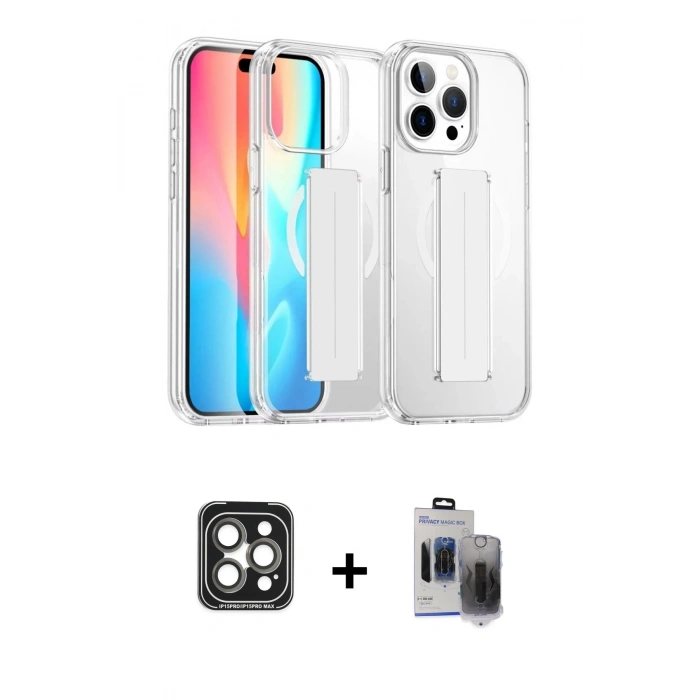 MARSİLYAN™- iPhone 15 Pro Max Kılıf Nova Işık Koleksiyonu - Siyah Vanessa Magic Hayalet Cam + PVD Metal Kamera Lens - GI