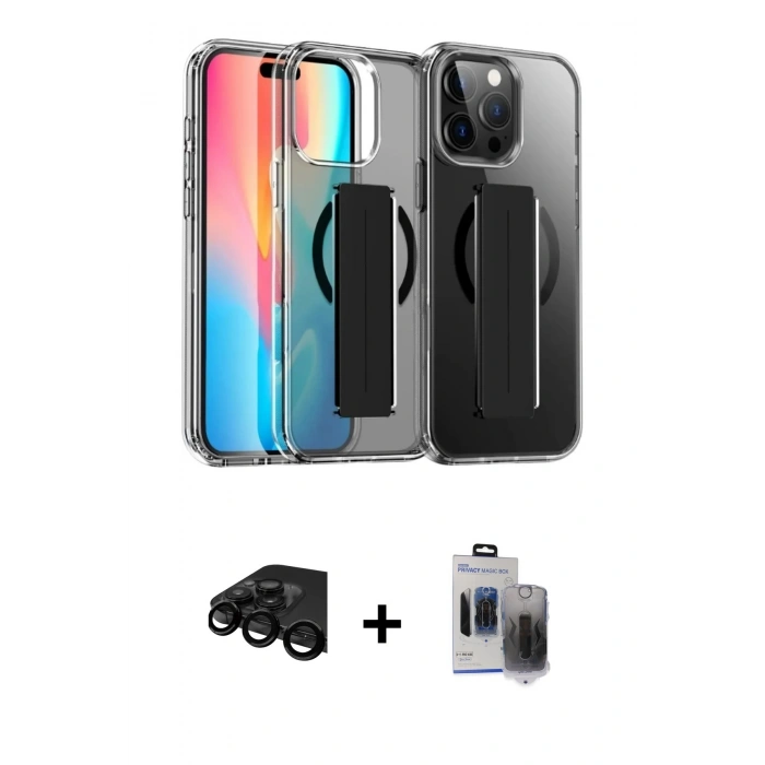 MARSİLYAN™- iPhone 15 Pro Max Kılıf Nova Işık Koleksiyonu - Siyah Vanessa Magic Hayalet Cam + Raze Metal Kamera Lens - SH