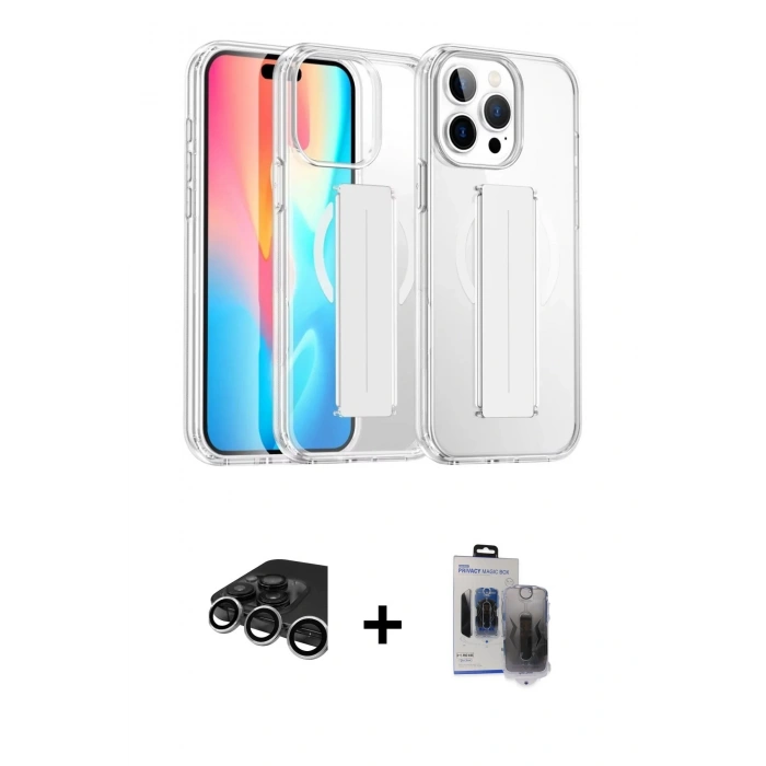 MARSİLYAN™- iPhone 15 Pro Max Kılıf Nova Işık Koleksiyonu - Siyah Vanessa Magic Hayalet Cam + Raze Metal Kamera Lens - GS