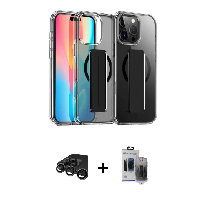 MARSİLYAN™- iPhone 15 Pro Max Kılıf Nova Işık Koleksiyonu - Siyah Vanessa Magic Hayalet Cam + Raze Metal Kamera Lens - TMGI