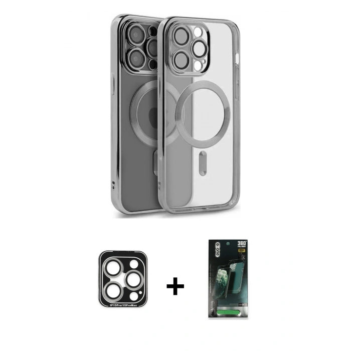 MARSİLYAN™- iPhone 15 Pro Max Kılıf Nova Işık Özel Seri - Şeffaf 360 Full Body Arka Koruyucu + PVD Metal Kamera Lens - GS