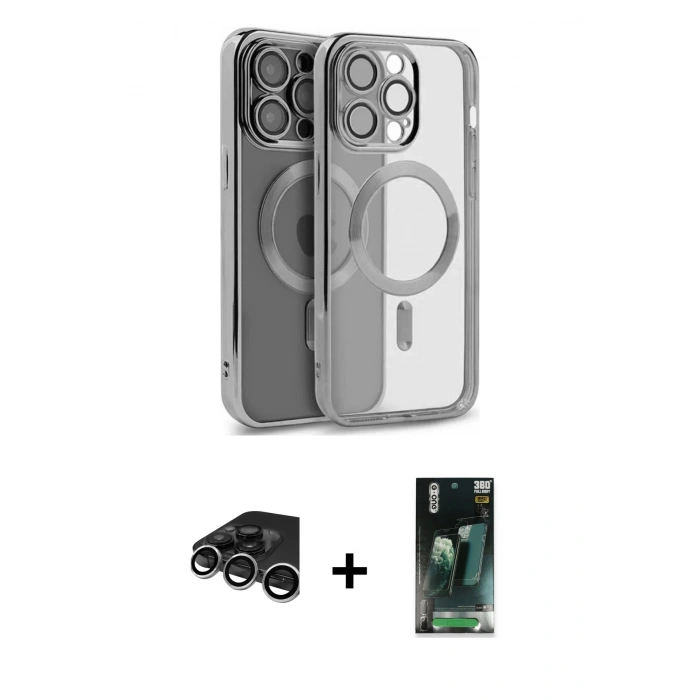 MARSİLYAN™- iPhone 15 Pro Max Kılıf Nova Işık Özel Seri - Şeffaf 360 Full Body Arka Koruyucu + Gümüş Raze Metal Kamera Lens