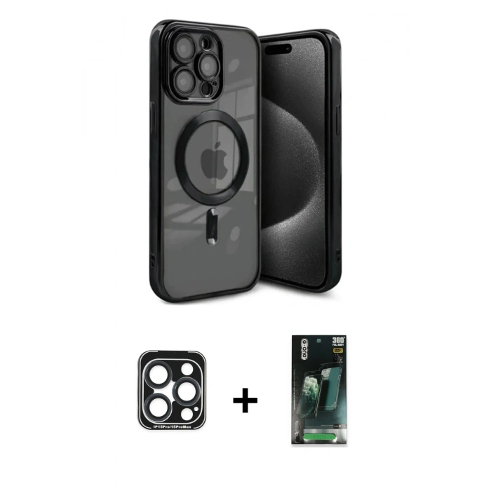 MARSİLYAN™- iPhone 15 Pro Max Kılıf Nova Işık Özel Seri - Şeffaf 360 Full Body Arka Koruyucu + PVD Metal Kamera Lens - LT