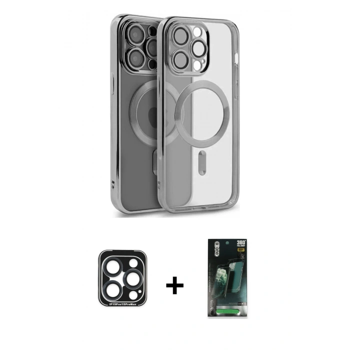 MARSİLYAN™- iPhone 15 Pro Max Kılıf Nova Işık Özel Seri - Şeffaf 360 Full Body Arka Koruyucu + PVD Metal Kamera Lens - LT