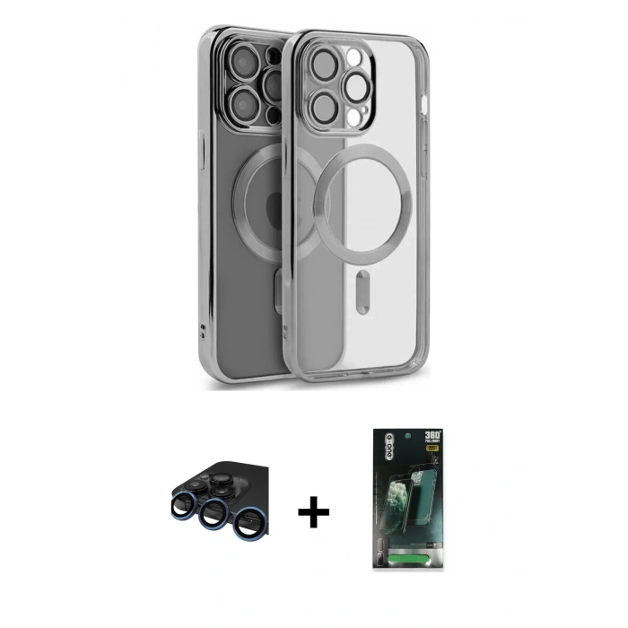 MARSİLYAN™- iPhone 15 Pro Max Kılıf Nova Işık Özel Seri - Şeffaf 360 Full Body Arka Koruyucu + Lacivert Raze Metal Kamera Lens