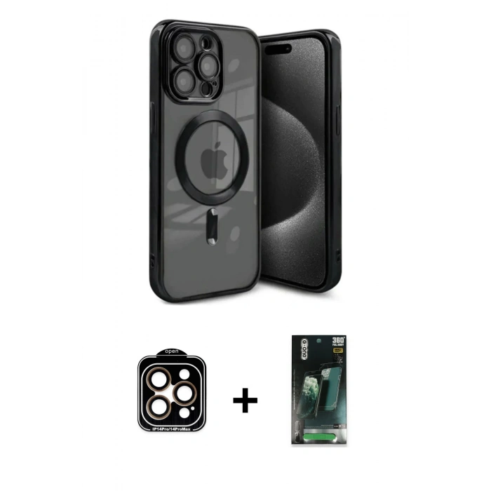 MARSİLYAN™- iPhone 15 Pro Max Kılıf Nova Işık Özel Seri - Şeffaf 360 Full Body Arka Koruyucu + PVD Metal Kamera Lens - TU