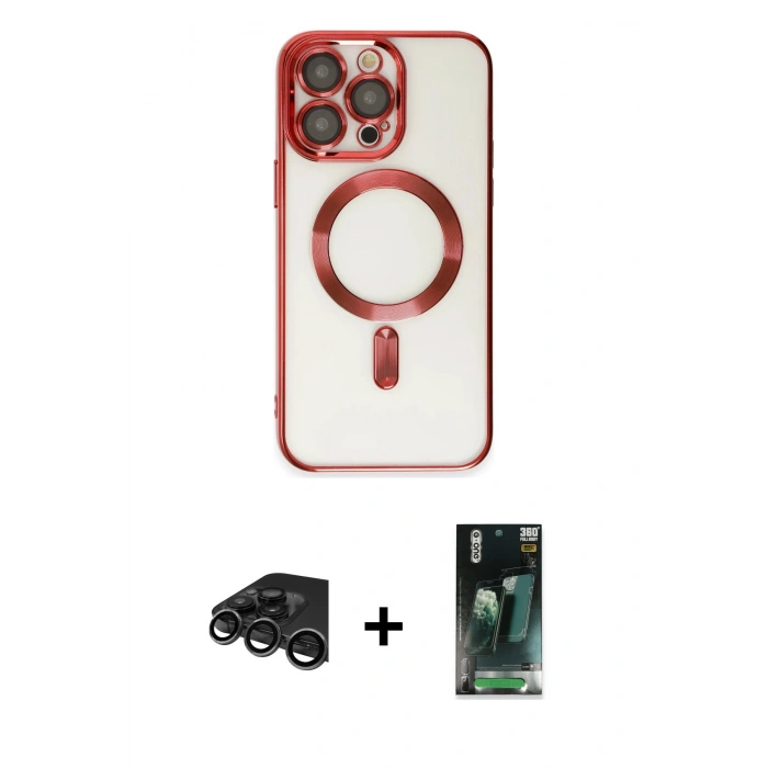 MARSİLYAN™- iPhone 15 Pro Max Kılıf Nova Işık Özel Seri - Şeffaf 360 Full Body Arka Koruyucu + Raze Metal Kamera Lens - TMGI