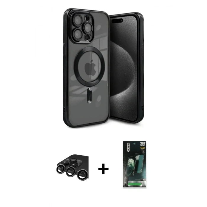 MARSİLYAN™- iPhone 15 Pro Max Kılıf Nova Işık Özel Seri - Şeffaf 360 Full Body Arka Koruyucu + Raze Metal Kamera Lens - TMGI