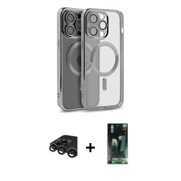 MARSİLYAN™- iPhone 15 Pro Max Kılıf Nova Işık Özel Seri - Şeffaf 360 Full Body Arka Koruyucu + Raze Metal Kamera Lens - TMGI