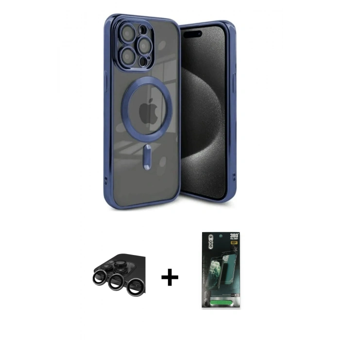 MARSİLYAN™- iPhone 15 Pro Max Kılıf Nova Işık Özel Seri - Şeffaf 360 Full Body Arka Koruyucu + Raze Metal Kamera Lens - TMGI