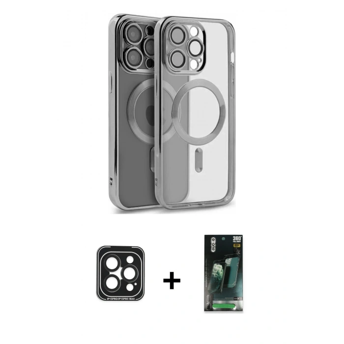 MARSİLYAN™- iPhone 15 Pro Max Kılıf Nova Işık Özel Seri - Şeffaf 360 Full Body Arka Koruyucu + PVD Metal Kamera Lens - SH