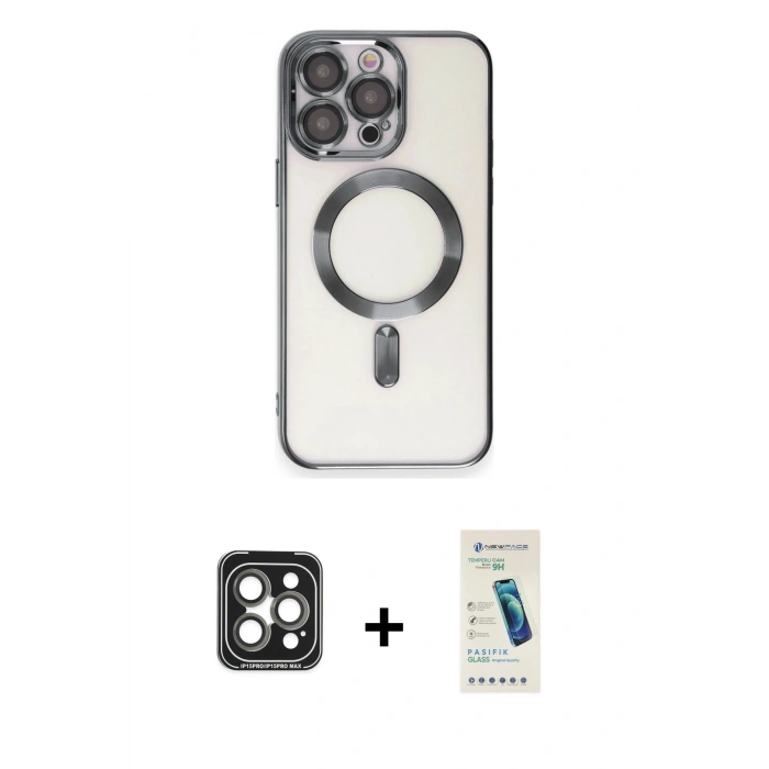 MARSİLYAN™- iPhone 15 Pro Max Kılıf Nova Işık Özel Seri - Şeffaf Pasifik Cam Ekran Koruyucu + PVD Metal Kamera Lens - GI