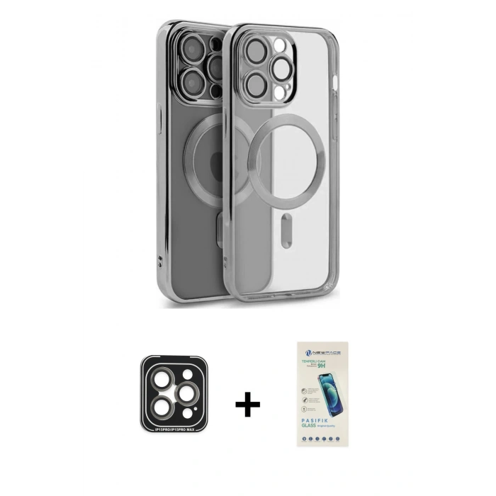 MARSİLYAN™- iPhone 15 Pro Max Kılıf Nova Işık Özel Seri - Şeffaf Pasifik Cam Ekran Koruyucu + PVD Metal Kamera Lens - GI