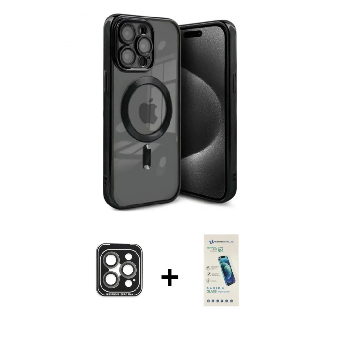 MARSİLYAN™- iPhone 15 Pro Max Kılıf Nova Işık Özel Seri - Şeffaf Pasifik Cam Ekran Koruyucu + PVD Metal Kamera Lens - GI