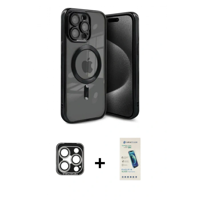 MARSİLYAN™- iPhone 15 Pro Max Kılıf Nova Işık Özel Seri - Şeffaf Pasifik Cam Ekran Koruyucu + Gümüş PVD Metal Kamera Lens