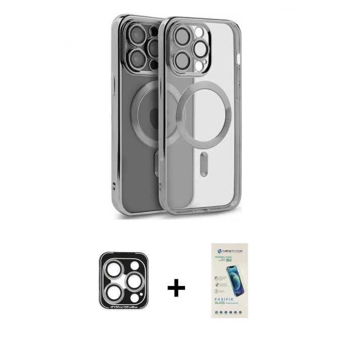 MARSİLYAN™- iPhone 15 Pro Max Kılıf Nova Işık Özel Seri - Şeffaf Pasifik Cam Ekran Koruyucu + Gümüş PVD Metal Kamera Lens