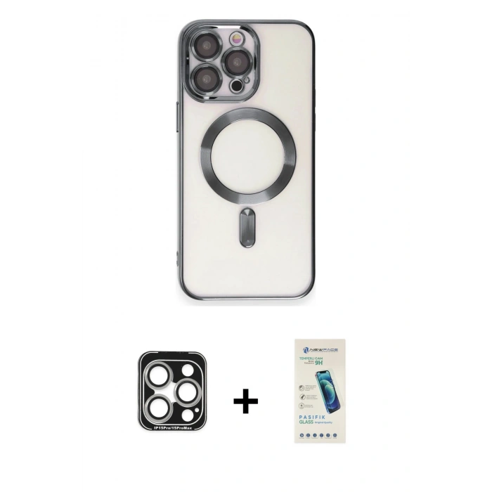 MARSİLYAN™- iPhone 15 Pro Max Kılıf Nova Işık Özel Seri - Şeffaf Pasifik Cam Ekran Koruyucu + Gümüş PVD Metal Kamera Lens