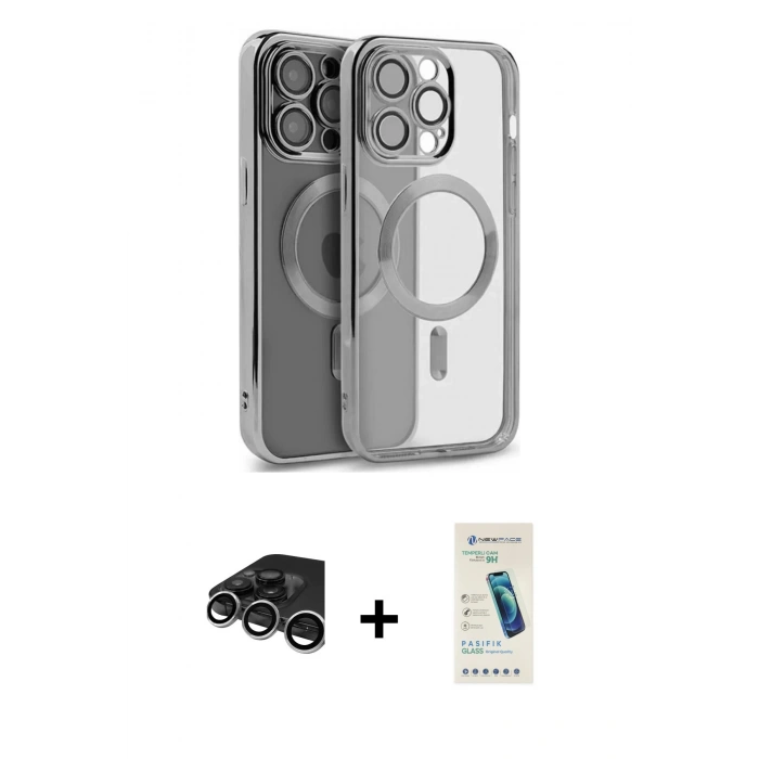 MARSİLYAN™- iPhone 15 Pro Max Kılıf Nova Işık Özel Seri - Şeffaf Pasifik Cam Ekran Koruyucu + Gümüş Raze Metal Kamera Lens