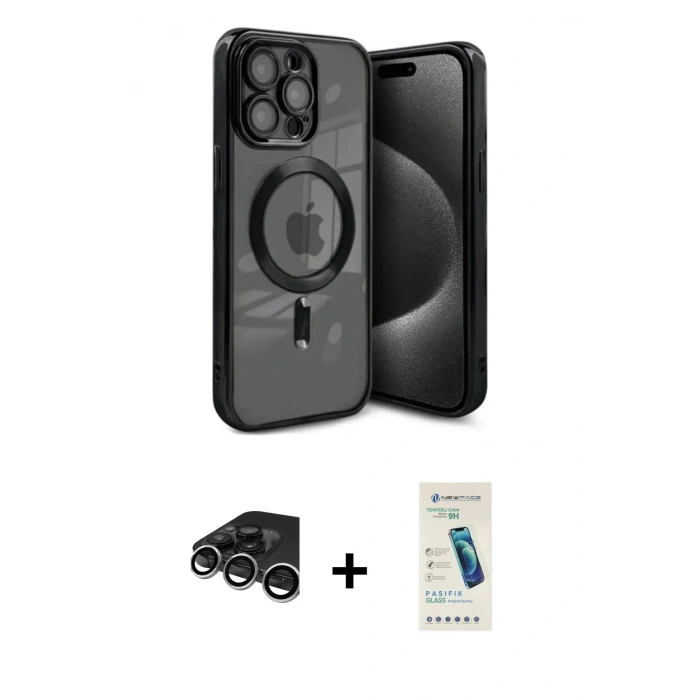 MARSİLYAN™- iPhone 15 Pro Max Kılıf Nova Işık Özel Seri - Şeffaf Pasifik Cam Ekran Koruyucu + Gümüş Raze Metal Kamera Lens