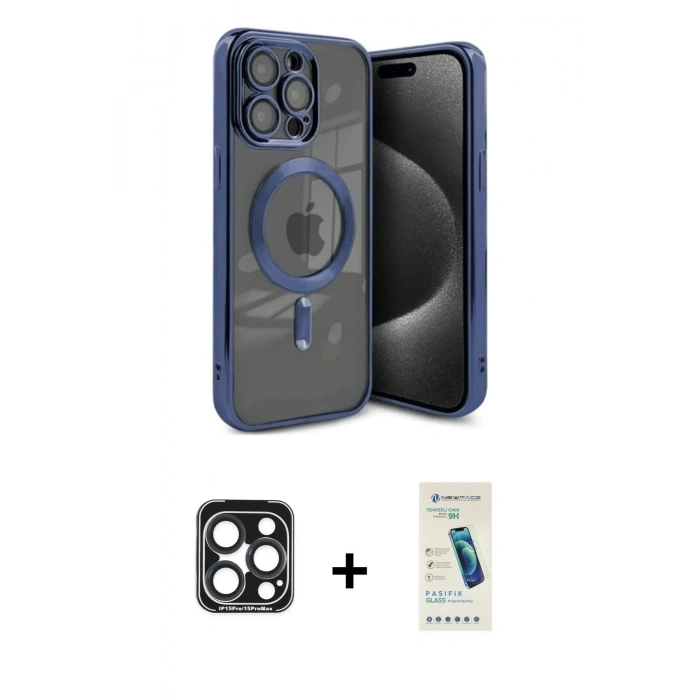 MARSİLYAN™- iPhone 15 Pro Max Kılıf Nova Işık Özel Seri - Şeffaf Pasifik Cam Ekran Koruyucu + PVD Metal Kamera Lens - LT