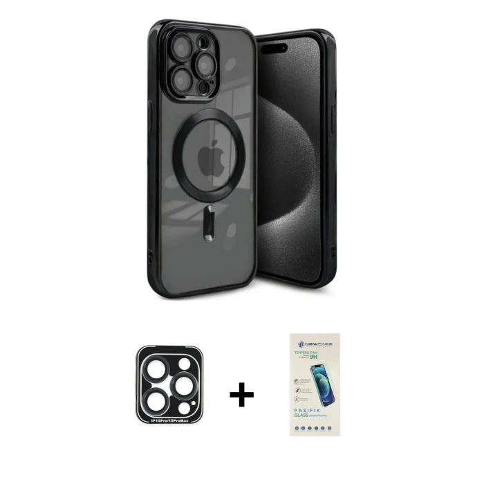 MARSİLYAN™- iPhone 15 Pro Max Kılıf Nova Işık Özel Seri - Şeffaf Pasifik Cam Ekran Koruyucu + PVD Metal Kamera Lens - LT