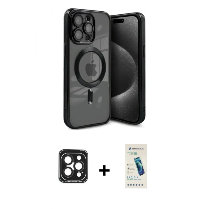 MARSİLYAN™- iPhone 15 Pro Max Kılıf Nova Işık Özel Seri - Şeffaf Pasifik Cam Ekran Koruyucu + PVD Metal Kamera Lens - SH