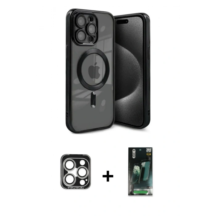 MARSİLYAN™- iPhone 15 Pro Max Kılıf Nova Işık Özel Seri - Siyah 360 Mat Full Body Arka Koruyucu + PVD Metal Kamera Lens - GS