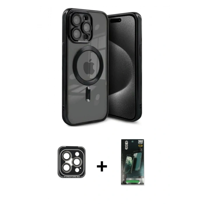 MARSİLYAN™- iPhone 15 Pro Max Kılıf Nova Işık Özel Seri - Siyah 360 Mat Full Body Arka Koruyucu + PVD Metal Kamera Lens - GI