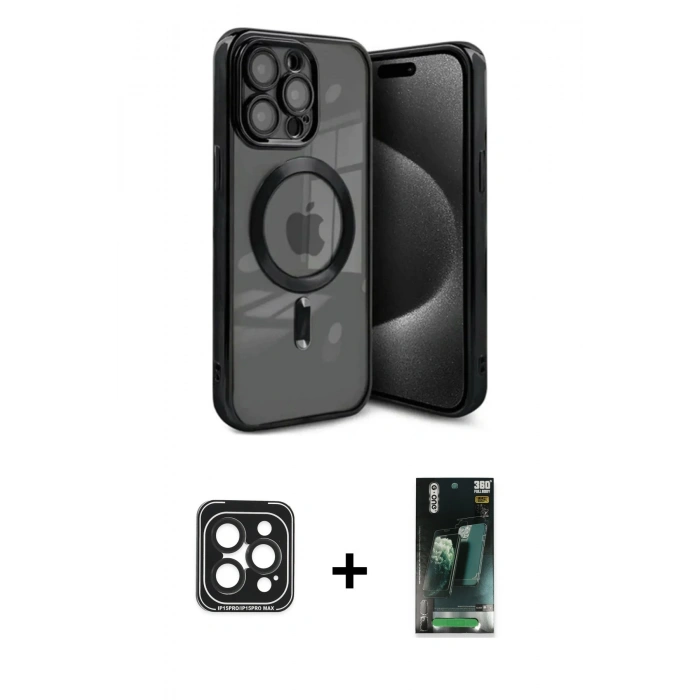 MARSİLYAN™- iPhone 15 Pro Max Kılıf Nova Işık Özel Seri - Siyah 360 Mat Full Body Arka Koruyucu + PVD Metal Kamera Lens - SH