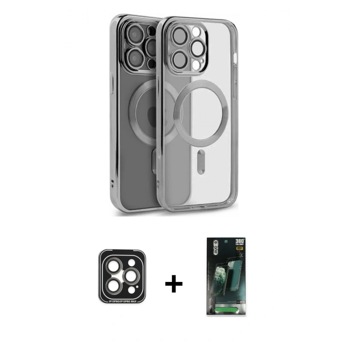 MARSİLYAN™- iPhone 15 Pro Max Kılıf Nova Işık Özel Seri - Siyah 360 Mat Full Body Arka Koruyucu + PVD Metal Kamera Lens - GI