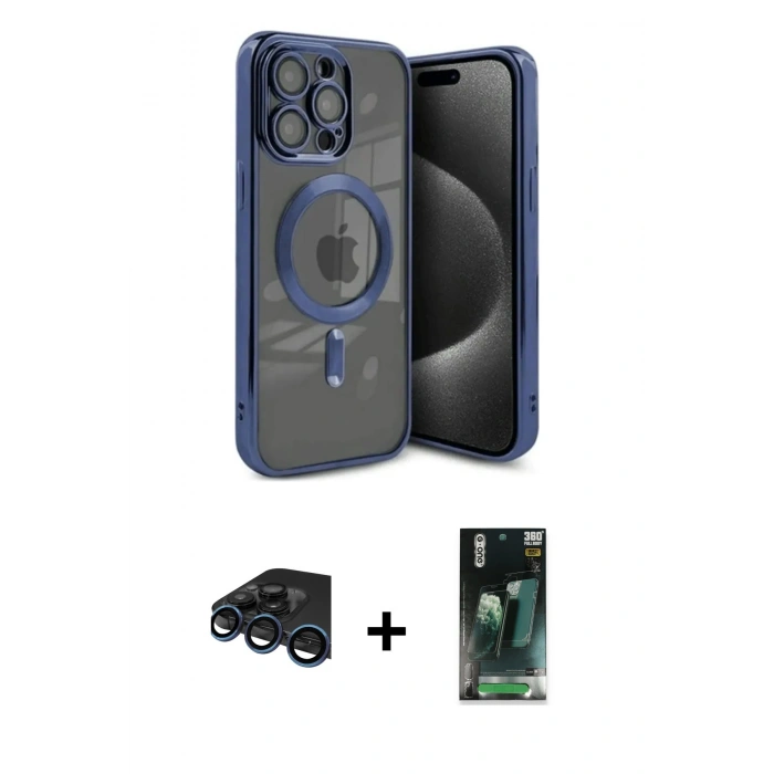 MARSİLYAN™- iPhone 15 Pro Max Kılıf Nova Işık Özel Seri - Siyah 360 Mat Full Body Arka Koruyucu + Raze Metal Kamera Lens - LT