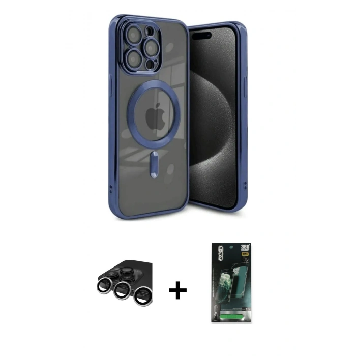 MARSİLYAN™- iPhone 15 Pro Max Kılıf Nova Işık Özel Seri - Siyah 360 Mat Full Body Arka Koruyucu + Raze Metal Kamera Lens - GS