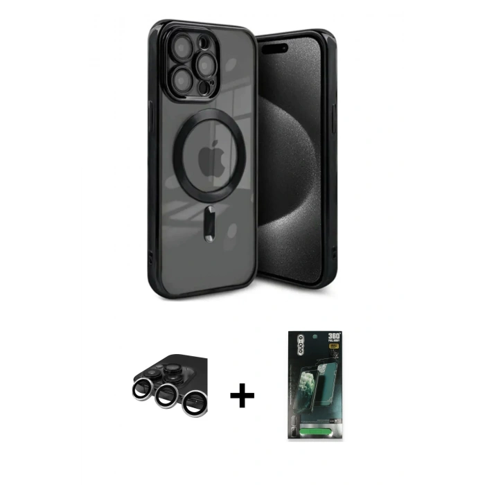 MARSİLYAN™- iPhone 15 Pro Max Kılıf Nova Işık Özel Seri - Siyah 360 Mat Full Body Arka Koruyucu + Raze Metal Kamera Lens - GS