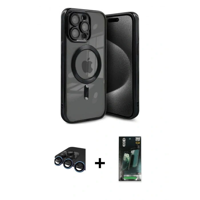 MARSİLYAN™- iPhone 15 Pro Max Kılıf Nova Işık Özel Seri - Siyah 360 Mat Full Body Arka Koruyucu + Raze Metal Kamera Lens - LT