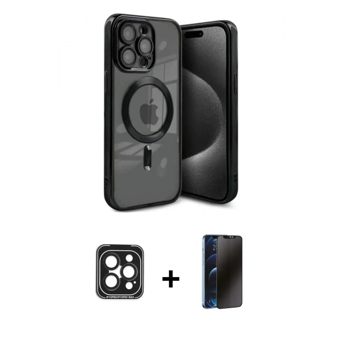 MARSİLYAN™- iPhone 15 Pro Max Kılıf Nova Işık Özel Seri - Siyah 3D Antistatik Hayalet Cam Ekran Koruyucu + PVD Metal Kamera Lens - SH