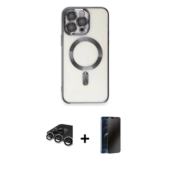 MARSİLYAN™- iPhone 15 Pro Max Kılıf Nova Işık Özel Seri - Siyah 3D Antistatik Hayalet Cam Ekran Koruyucu + Raze Metal Kamera Lens - GS