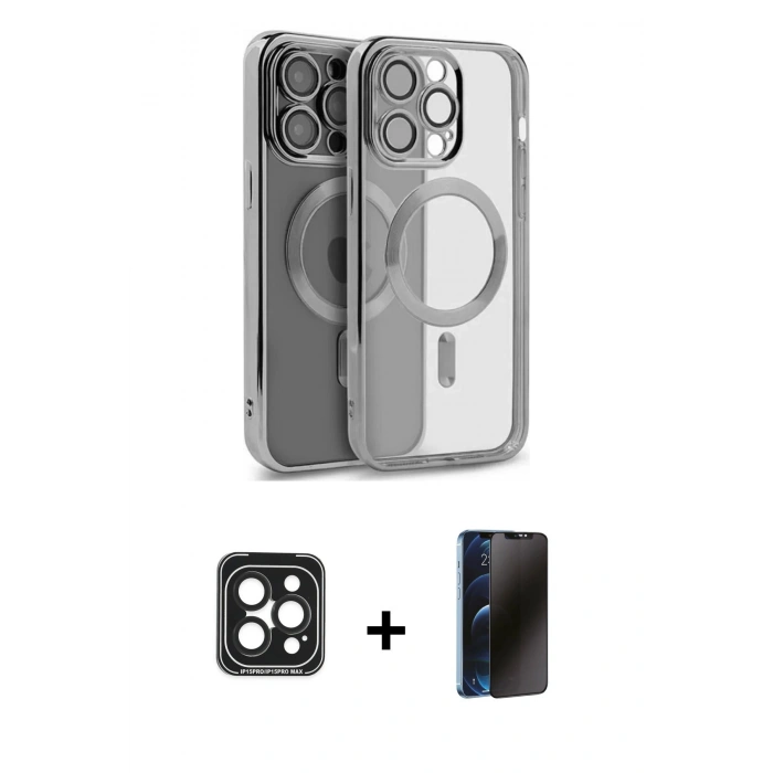 MARSİLYAN™- iPhone 15 Pro Max Kılıf Nova Işık Özel Seri - Siyah 3D Antistatik Hayalet Cam Ekran Koruyucu + PVD Metal Kamera Lens - SH